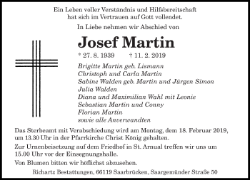 Traueranzeige von Josef Martin von saarbruecker_zeitung