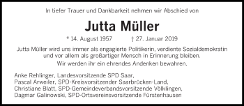 Traueranzeige von Jutta Müller von saarbruecker_zeitung