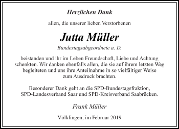 Traueranzeige von Jutta Müller von saarbruecker_zeitung