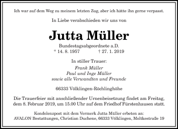 Traueranzeige von Jutta Müller von saarbruecker_zeitung