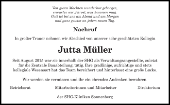 Traueranzeige von Jutta Müller von saarbruecker_zeitung