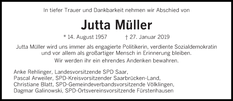  Traueranzeige für Jutta Müller vom 04.02.2019 aus saarbruecker_zeitung