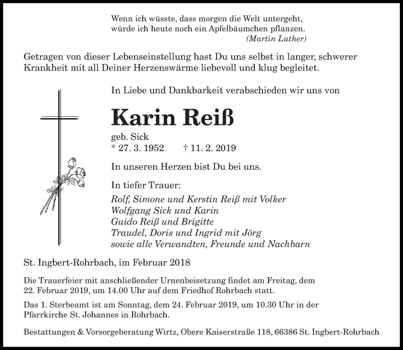  Traueranzeige für Karin Reiß vom 16.02.2019 aus saarbruecker_zeitung
