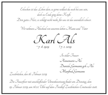Traueranzeige von Karl Als von saarbruecker_zeitung