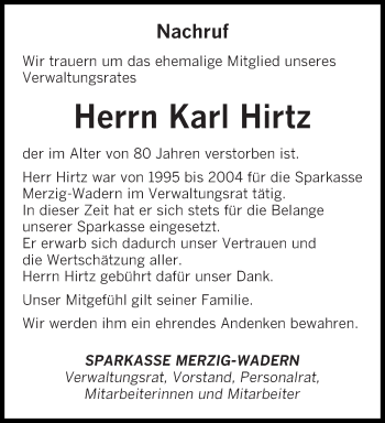 Traueranzeige von Karl Hirtz  von saarbruecker_zeitung