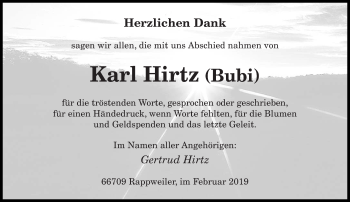 Traueranzeige von Karl Hirtz  von saarbruecker_zeitung