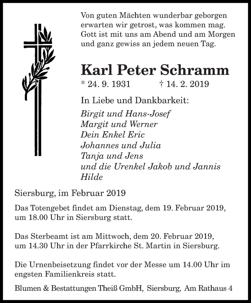  Traueranzeige für Karl Peter Schramm vom 18.02.2019 aus saarbruecker_zeitung