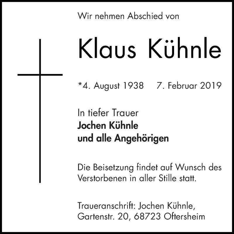  Traueranzeige für Klaus Kühnle vom 09.02.2019 aus saarbruecker_zeitung