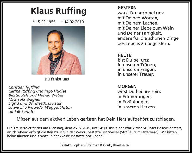  Traueranzeige für Klaus Ruffing vom 22.02.2019 aus saarbruecker_zeitung