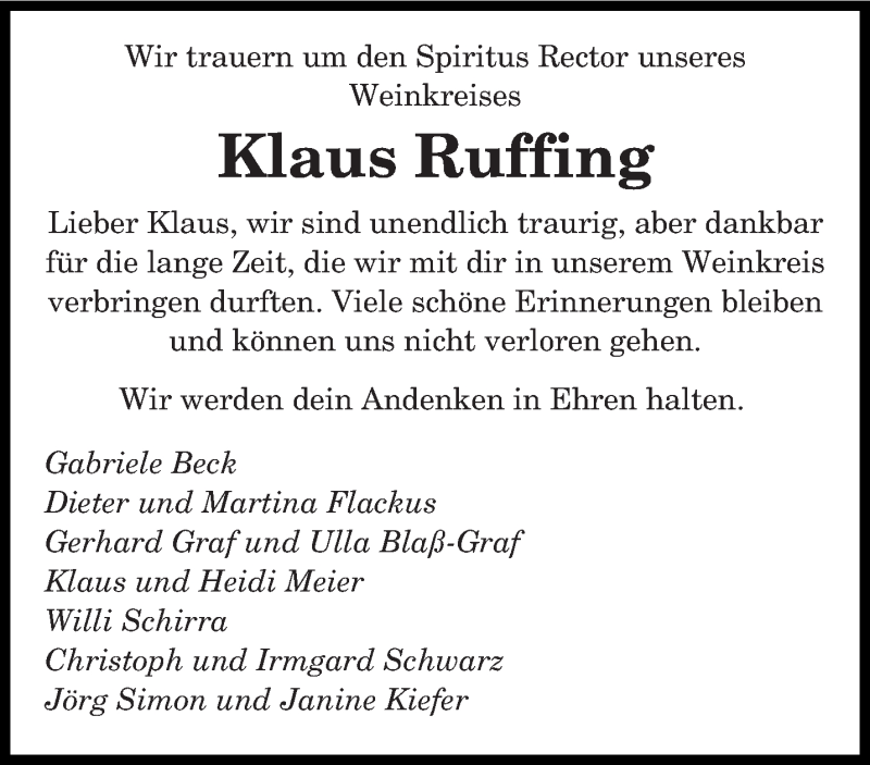  Traueranzeige für Klaus Ruffing vom 23.02.2019 aus saarbruecker_zeitung