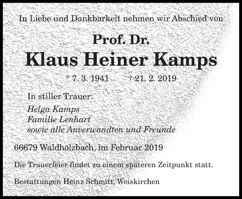  Traueranzeige für Klaus Heiner Kamps vom 23.02.2019 aus saarbruecker_zeitung