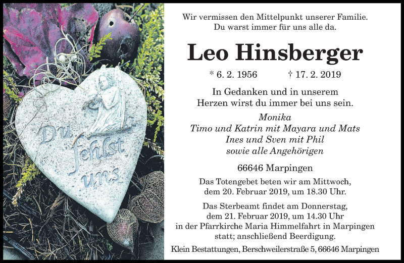  Traueranzeige für Leo Hinsberger vom 19.02.2019 aus saarbruecker_zeitung
