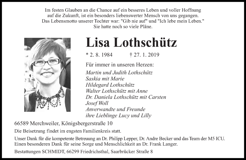  Traueranzeige für Lisa Lothschütz vom 09.02.2019 aus saarbruecker_zeitung