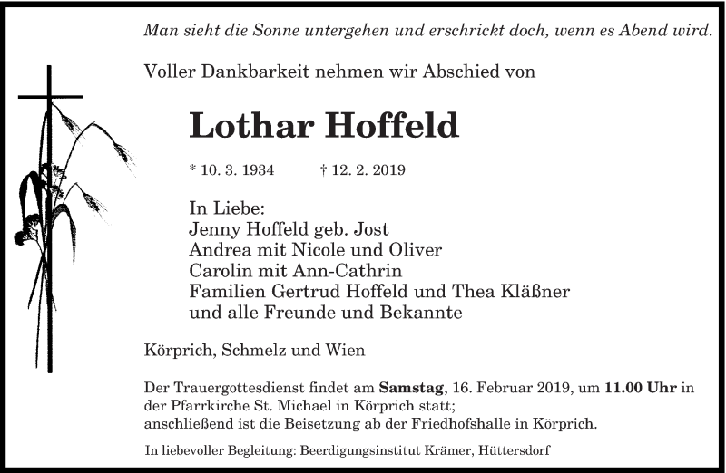  Traueranzeige für Lothar Hoffeld vom 14.02.2019 aus saarbruecker_zeitung