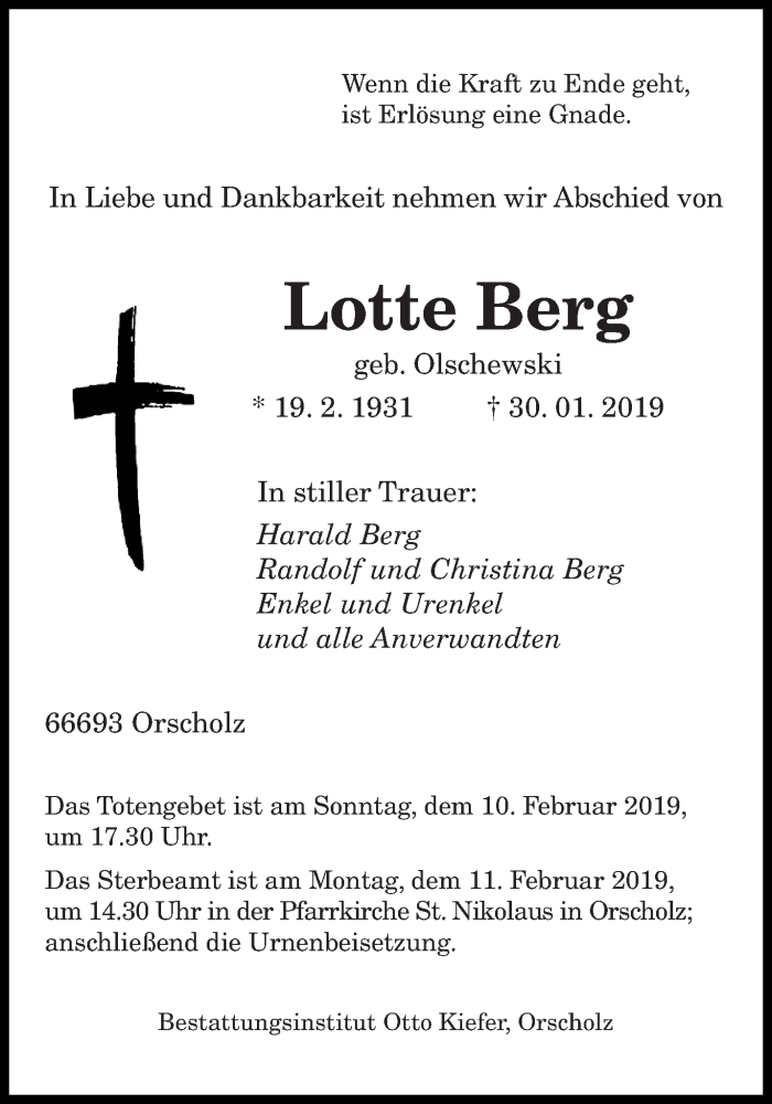  Traueranzeige für Lotte Berg vom 06.02.2019 aus saarbruecker_zeitung