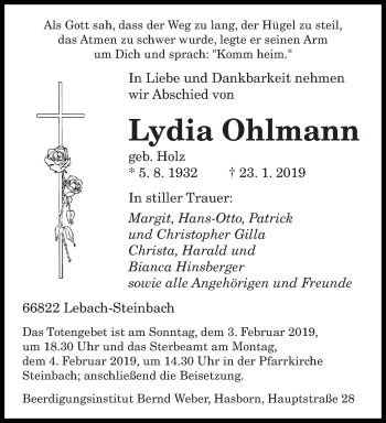 Traueranzeige von Lydia Ohlmann von saarbruecker_zeitung