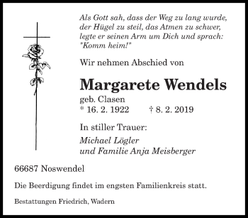 Traueranzeige von Margarete Wendels von saarbruecker_zeitung