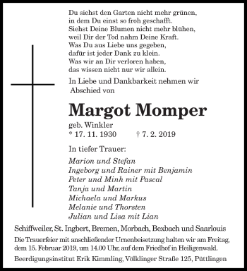 Traueranzeige von Margot Momper von saarbruecker_zeitung