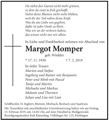Traueranzeige von Margot Momper von saarbruecker_zeitung