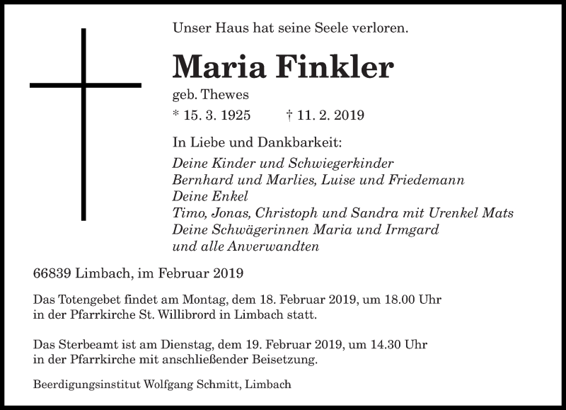  Traueranzeige für Maria Finkler vom 16.02.2019 aus saarbruecker_zeitung