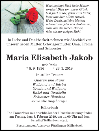 Traueranzeige von Maria Elisabeth Jakob von saarbruecker_zeitung