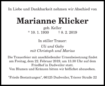 Traueranzeige von Marianne Klicker von saarbruecker_zeitung
