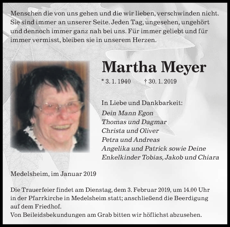  Traueranzeige für Martha Meyer vom 02.02.2019 aus saarbruecker_zeitung
