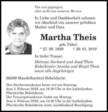 Traueranzeige von Martha Theis von saarbruecker_zeitung