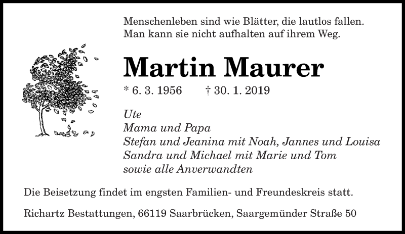  Traueranzeige für Martin Maurer vom 06.02.2019 aus saarbruecker_zeitung