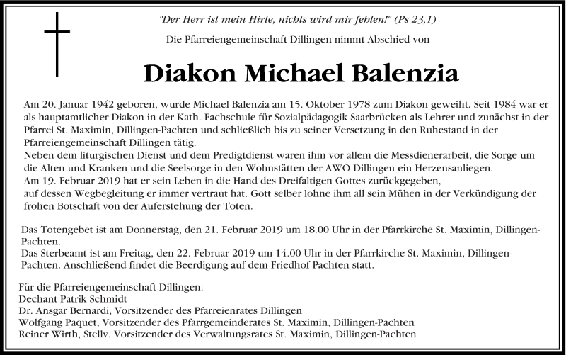  Traueranzeige für Michael Balenzia vom 21.02.2019 aus saarbruecker_zeitung