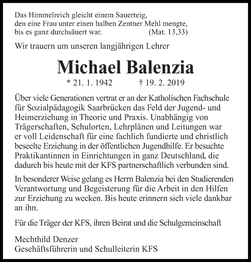  Traueranzeige für Michael Balenzia vom 22.02.2019 aus saarbruecker_zeitung