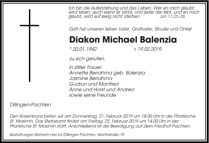  Traueranzeige für Michael Balenzia vom 21.02.2019 aus saarbruecker_zeitung