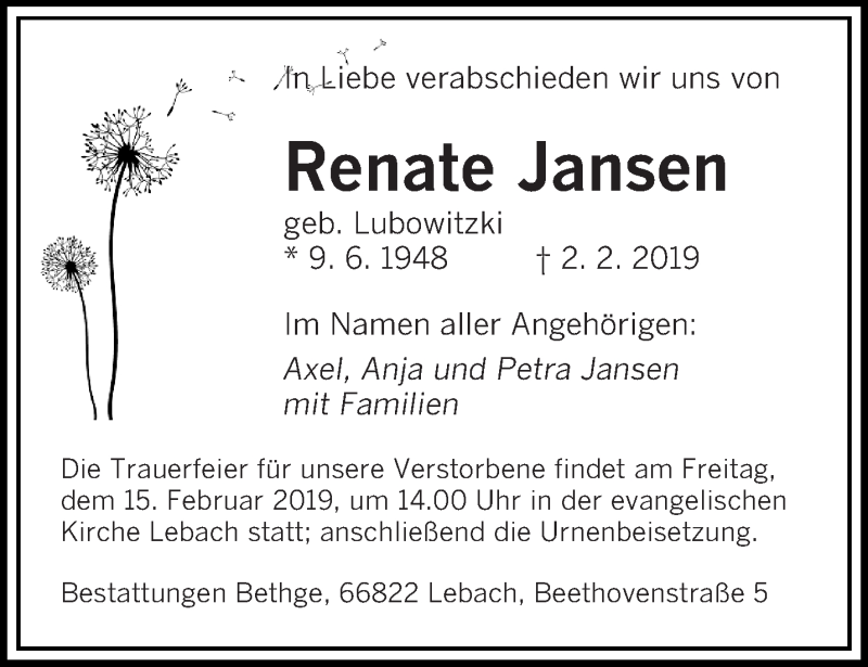  Traueranzeige für Renate Jansen vom 13.02.2019 aus saarbruecker_zeitung