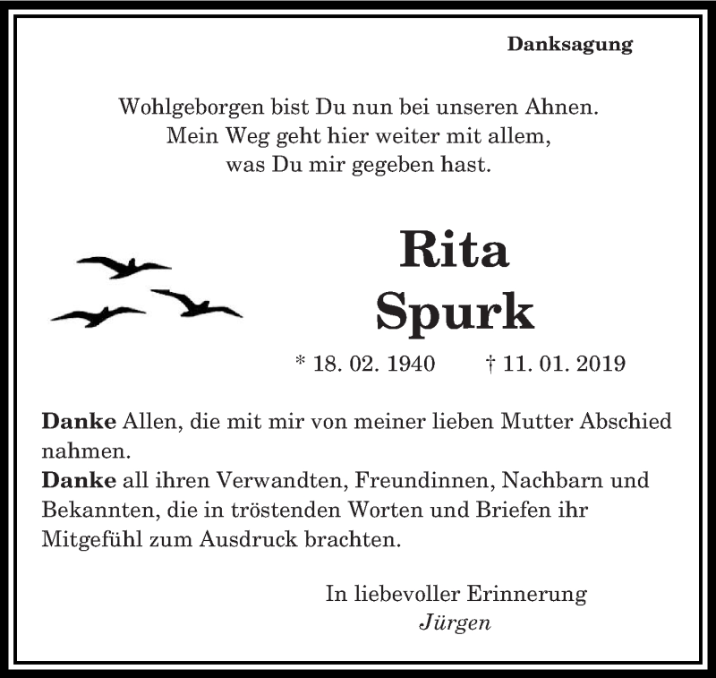  Traueranzeige für Rita Spurk vom 02.02.2019 aus saarbruecker_zeitung