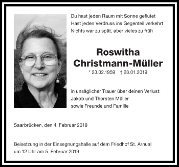 Traueranzeige von Roswitha Christmann-Müller von saarbruecker_zeitung