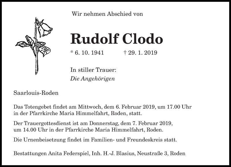  Traueranzeige für Rudolf Clodo vom 02.02.2019 aus saarbruecker_zeitung
