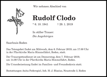 Traueranzeige von Rudolf Clodo von saarbruecker_zeitung