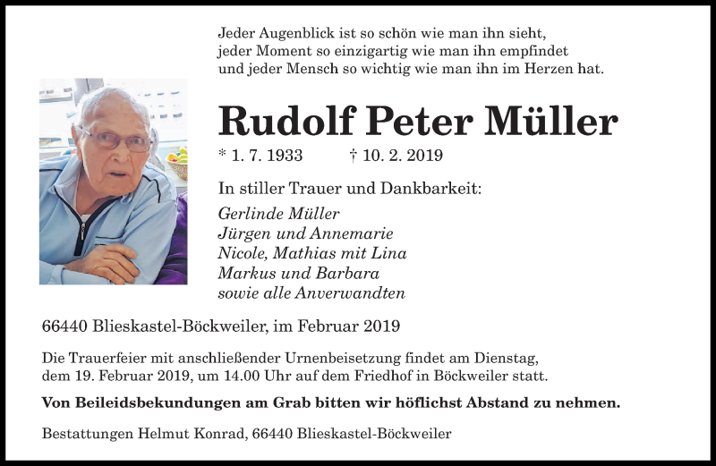  Traueranzeige für Rudolf Peter Müller vom 16.02.2019 aus saarbruecker_zeitung