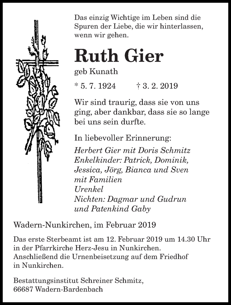  Traueranzeige für Ruth Gier vom 09.02.2019 aus saarbruecker_zeitung