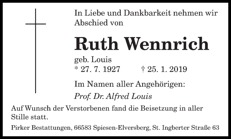  Traueranzeige für Ruth Wennrich vom 02.02.2019 aus saarbruecker_zeitung
