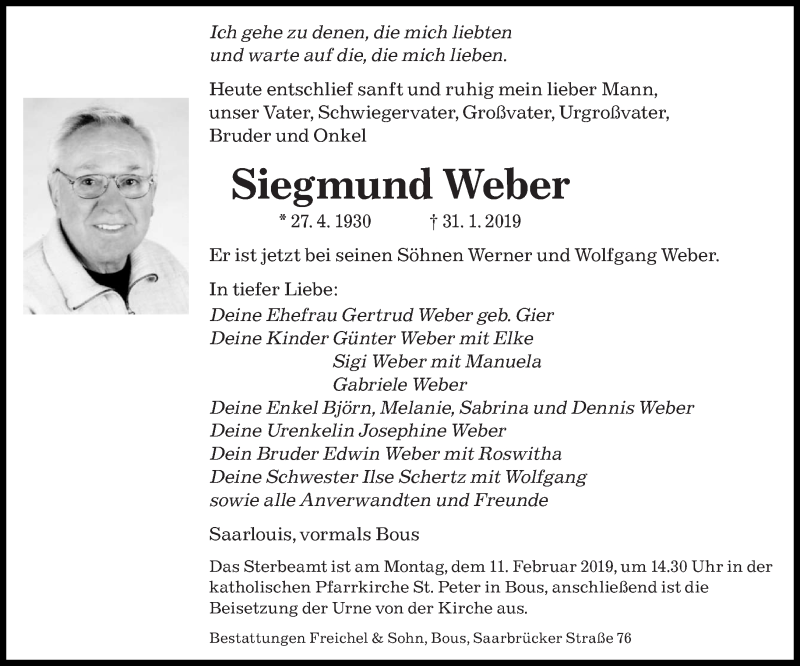  Traueranzeige für Siegmund Weber vom 07.02.2019 aus saarbruecker_zeitung