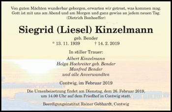 Traueranzeige von Siegrid Kinzelmann von saarbruecker_zeitung