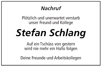 Traueranzeige von Stefan Schlang von saarbruecker_zeitung
