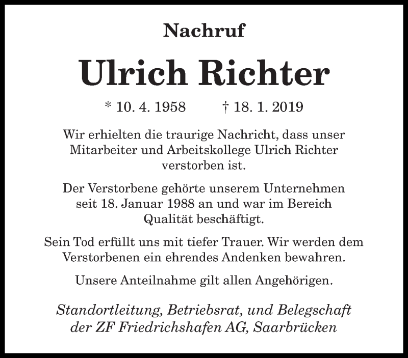  Traueranzeige für Ulrich Richter vom 08.02.2019 aus saarbruecker_zeitung