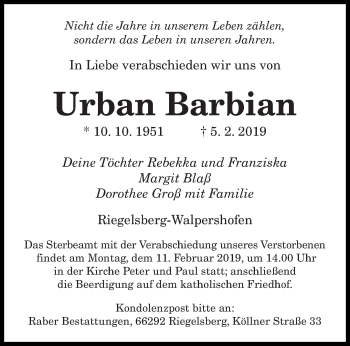 Traueranzeige von Urban Barbian von saarbruecker_zeitung