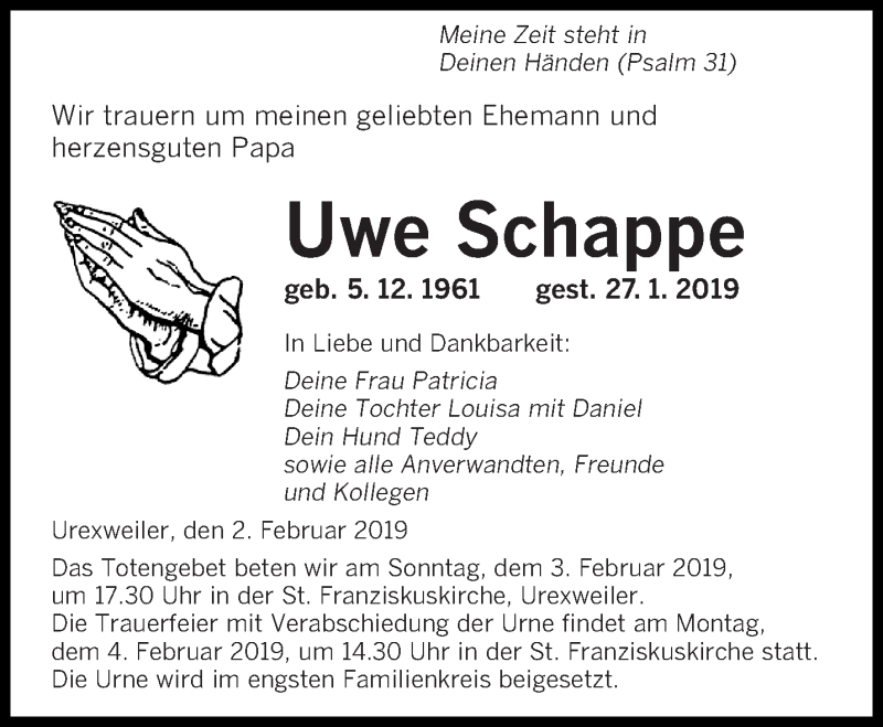  Traueranzeige für Uwe Schappe vom 02.02.2019 aus saarbruecker_zeitung
