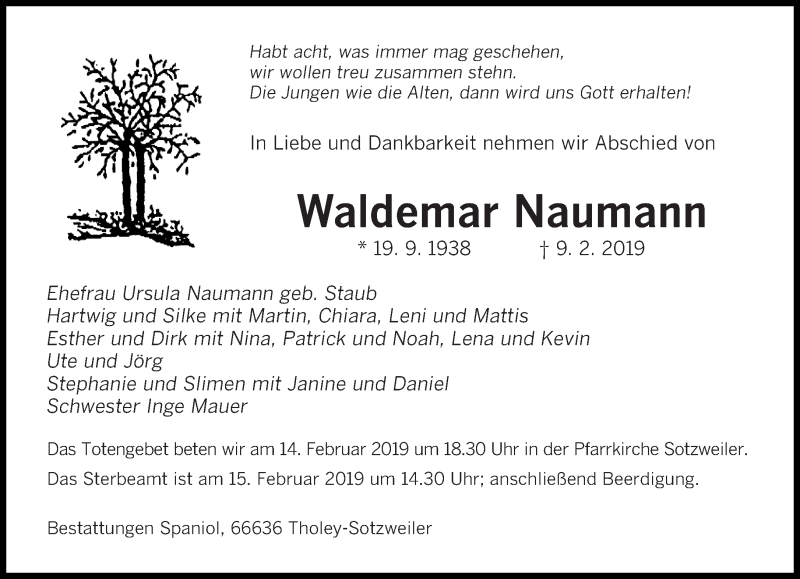  Traueranzeige für Waldemar Naumann vom 13.02.2019 aus saarbruecker_zeitung