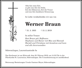 Traueranzeige von Werner Braun von saarbruecker_zeitung