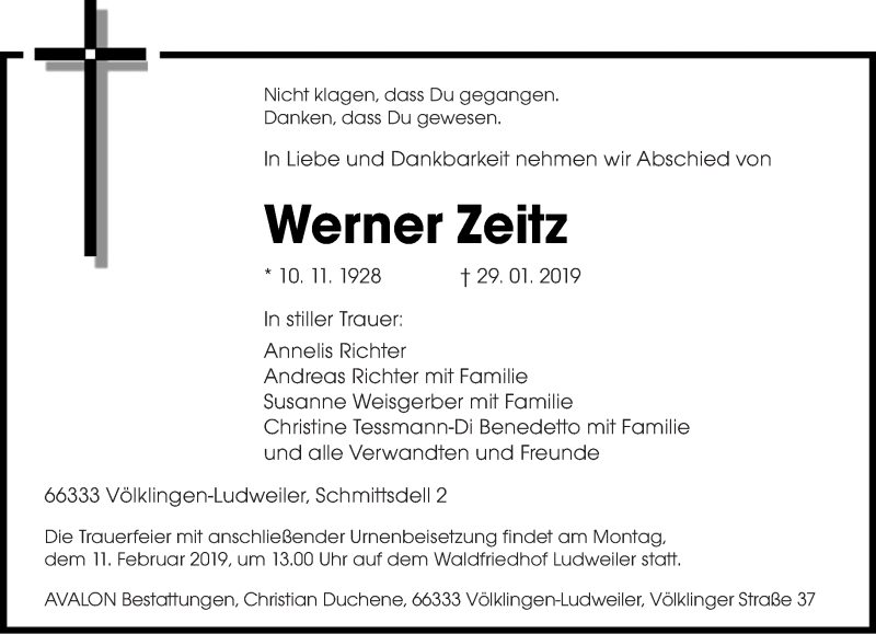  Traueranzeige für Werner Zeitz vom 02.02.2019 aus saarbruecker_zeitung