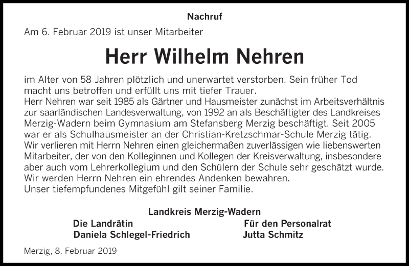  Traueranzeige für Wilhelm Nehren vom 13.02.2019 aus saarbruecker_zeitung